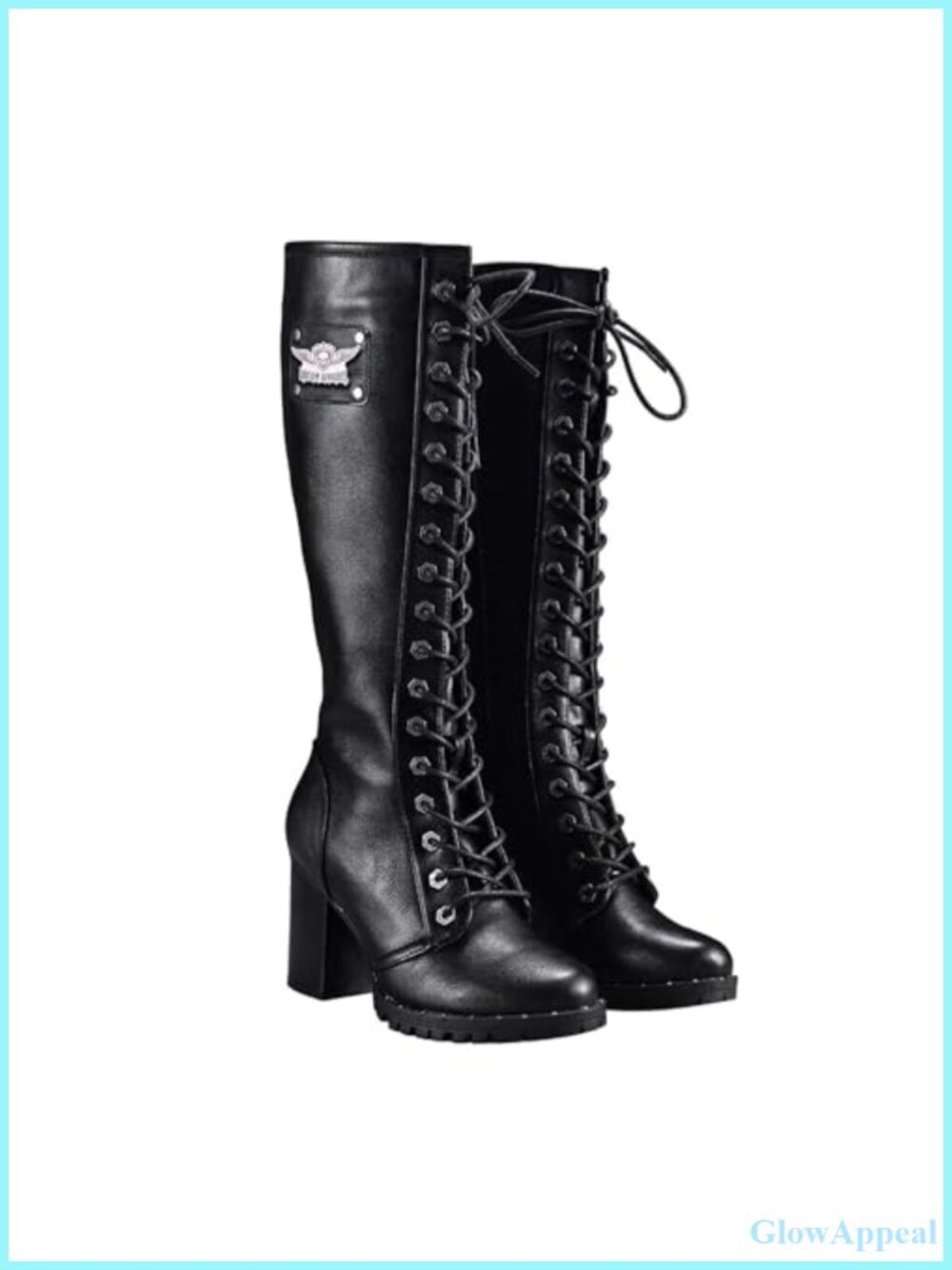 Faux Leather Knee-High Boots Lace Up Motorcycle Riding Chunky Heel